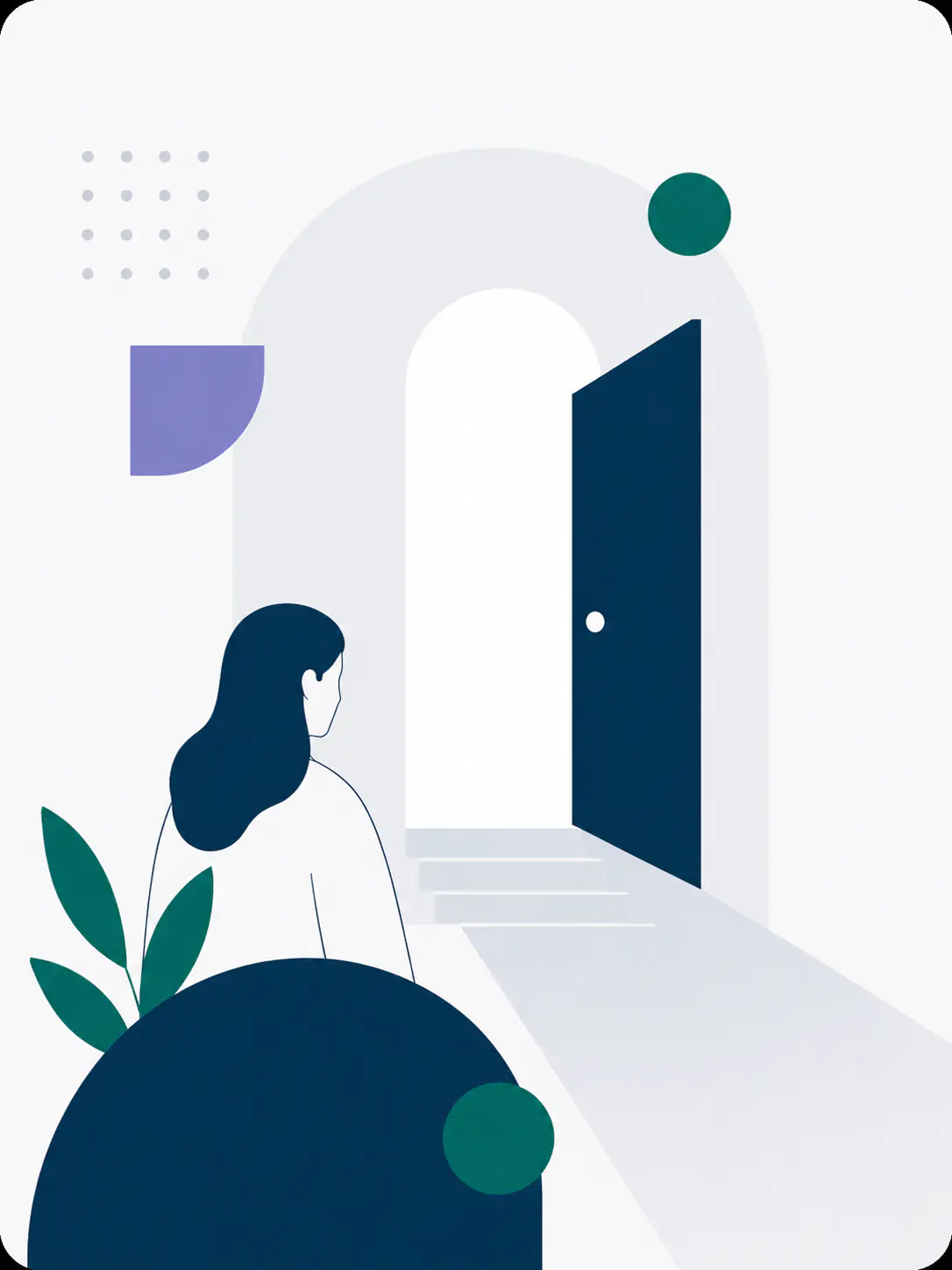 Persona frente a una puerta abierta